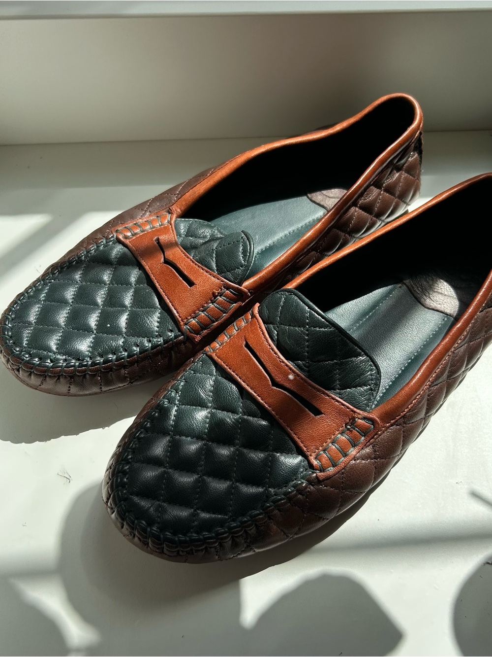 Johnston & Murphy Women’s Quilted Two-Tone Leather Loafers in Brown and Green